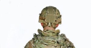Smart Scale Trends Visualization Pictured is a rear view of soldier wearing full Virtus body armour, Virtus helmet and the Dynamic Weight Distribution (D