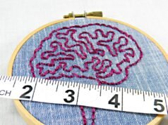 How Often to Weigh Yourself Blue Denim and Pink Brain Anatomy Mini Hoop Art. Hand Embroidered.